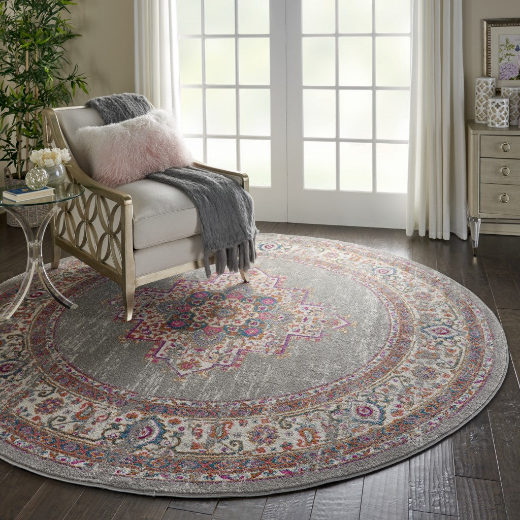 4' Gray Round Power Loom Area Rug