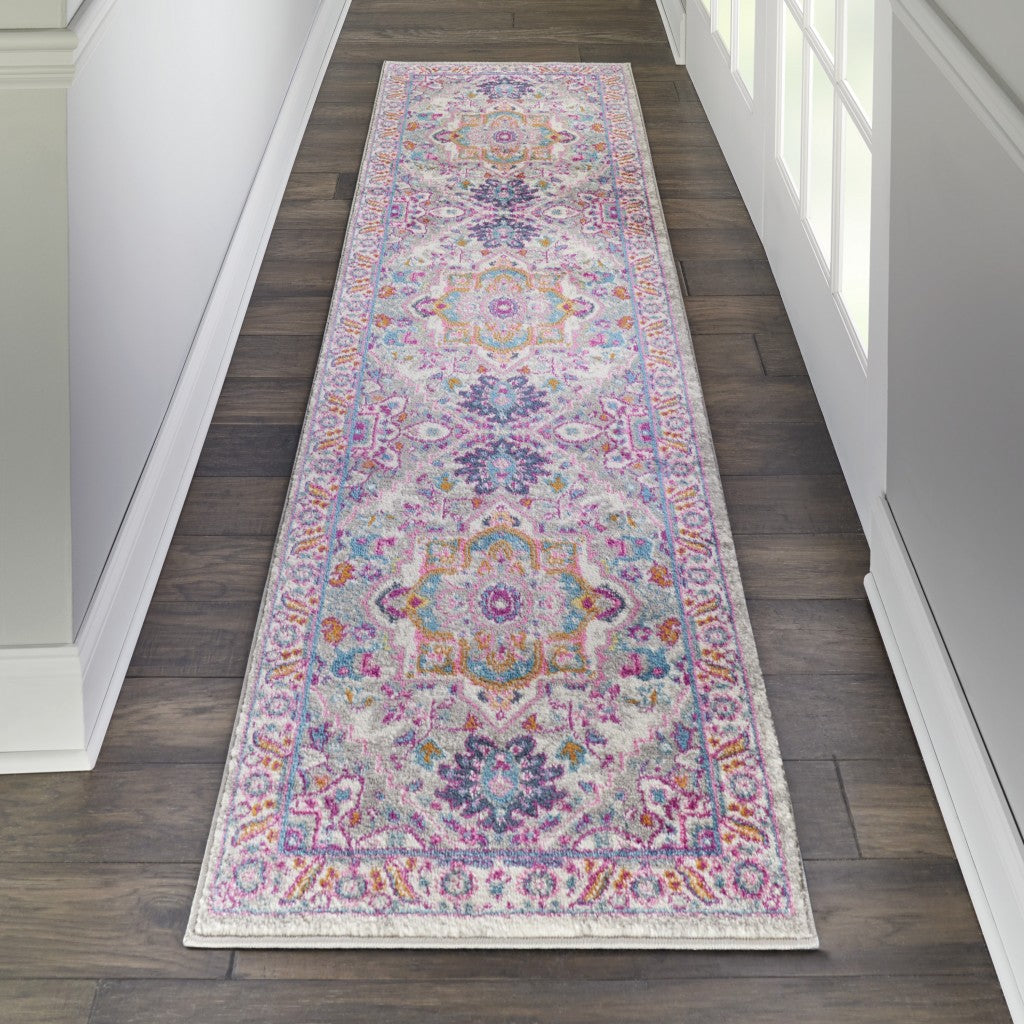 8' Pink And Gray Power Loom Runner Rug