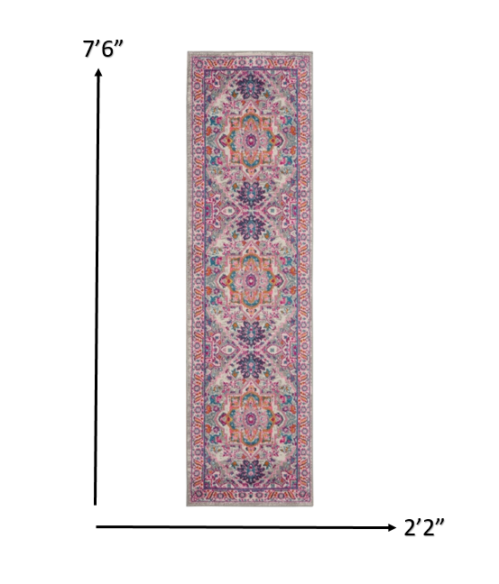 8' Pink And Gray Power Loom Runner Rug