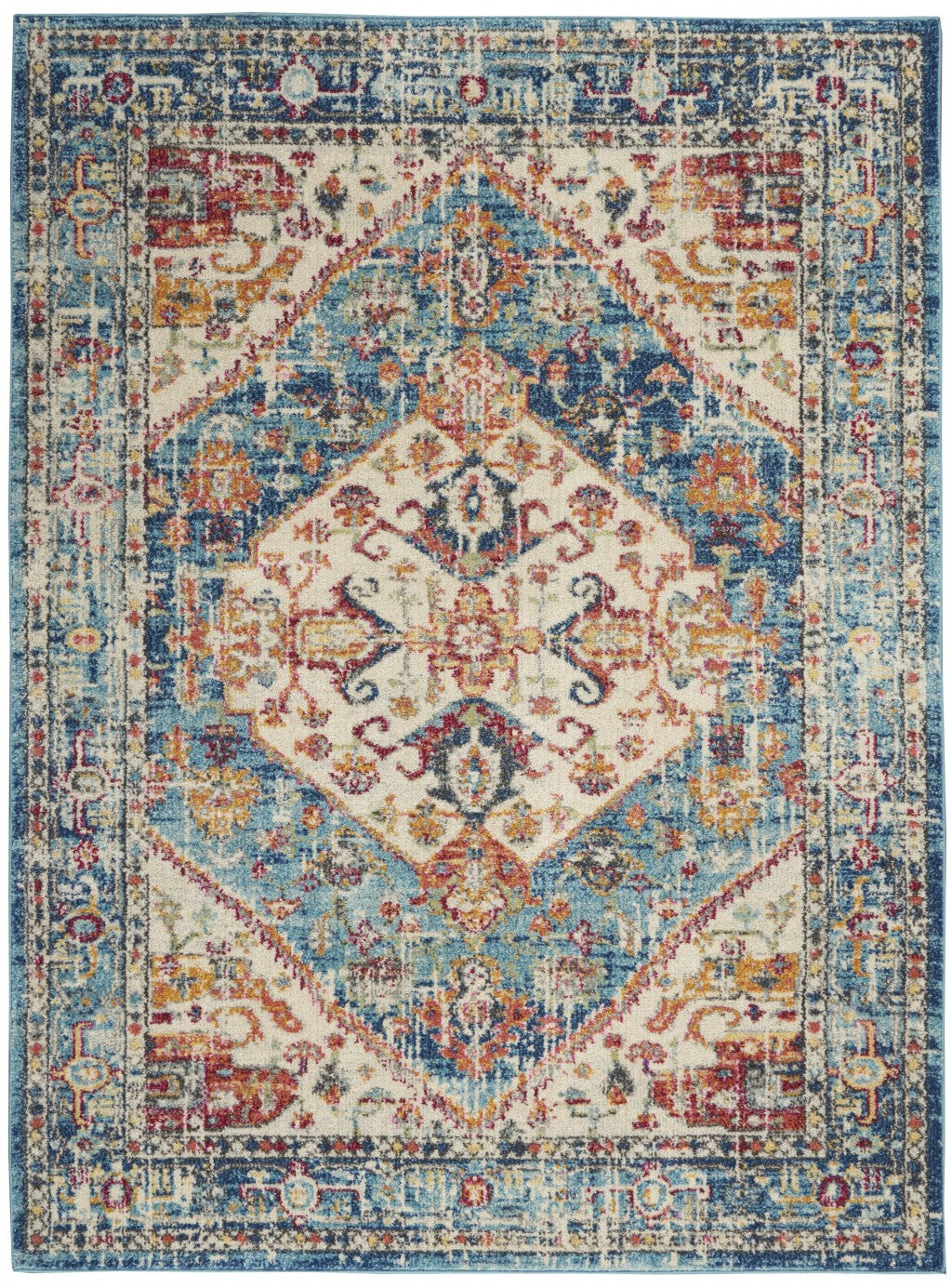 4' Blue And Ivory Round Power Loom Area Rug