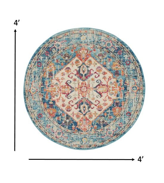 4' Blue And Ivory Round Power Loom Area Rug