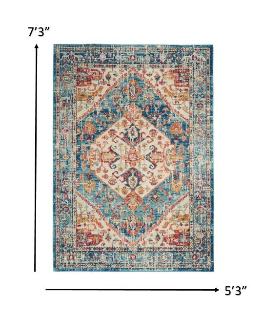 4' Blue And Ivory Round Power Loom Area Rug