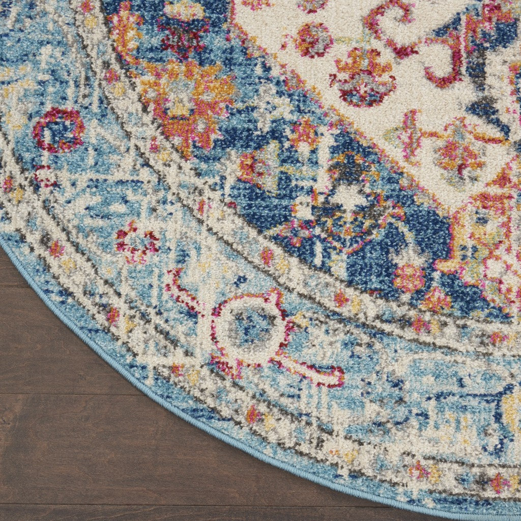 4' Blue And Ivory Round Power Loom Area Rug