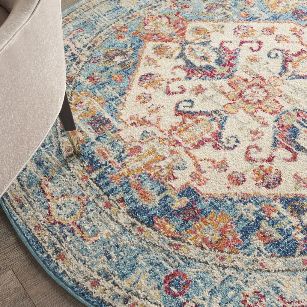 4' Blue And Ivory Round Power Loom Area Rug