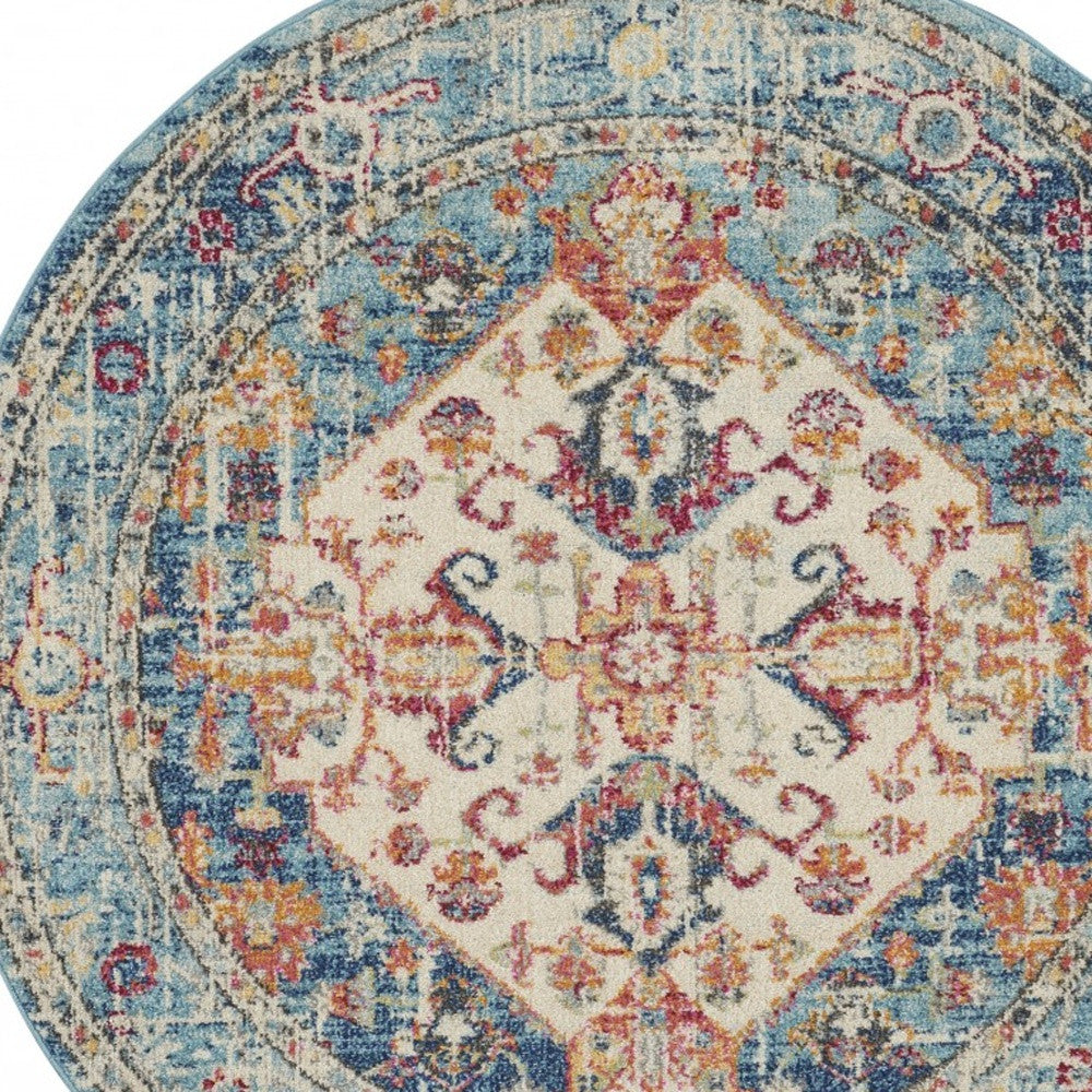 4' Blue And Ivory Round Power Loom Area Rug