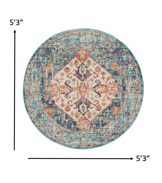 4' Blue And Ivory Round Power Loom Area Rug