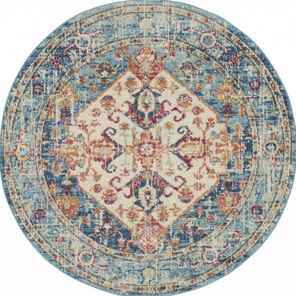 4' Blue And Ivory Round Power Loom Area Rug