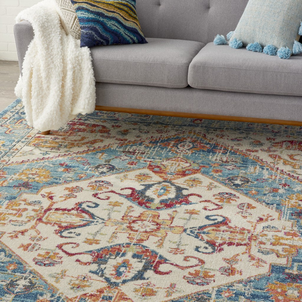 4' Blue And Ivory Round Power Loom Area Rug