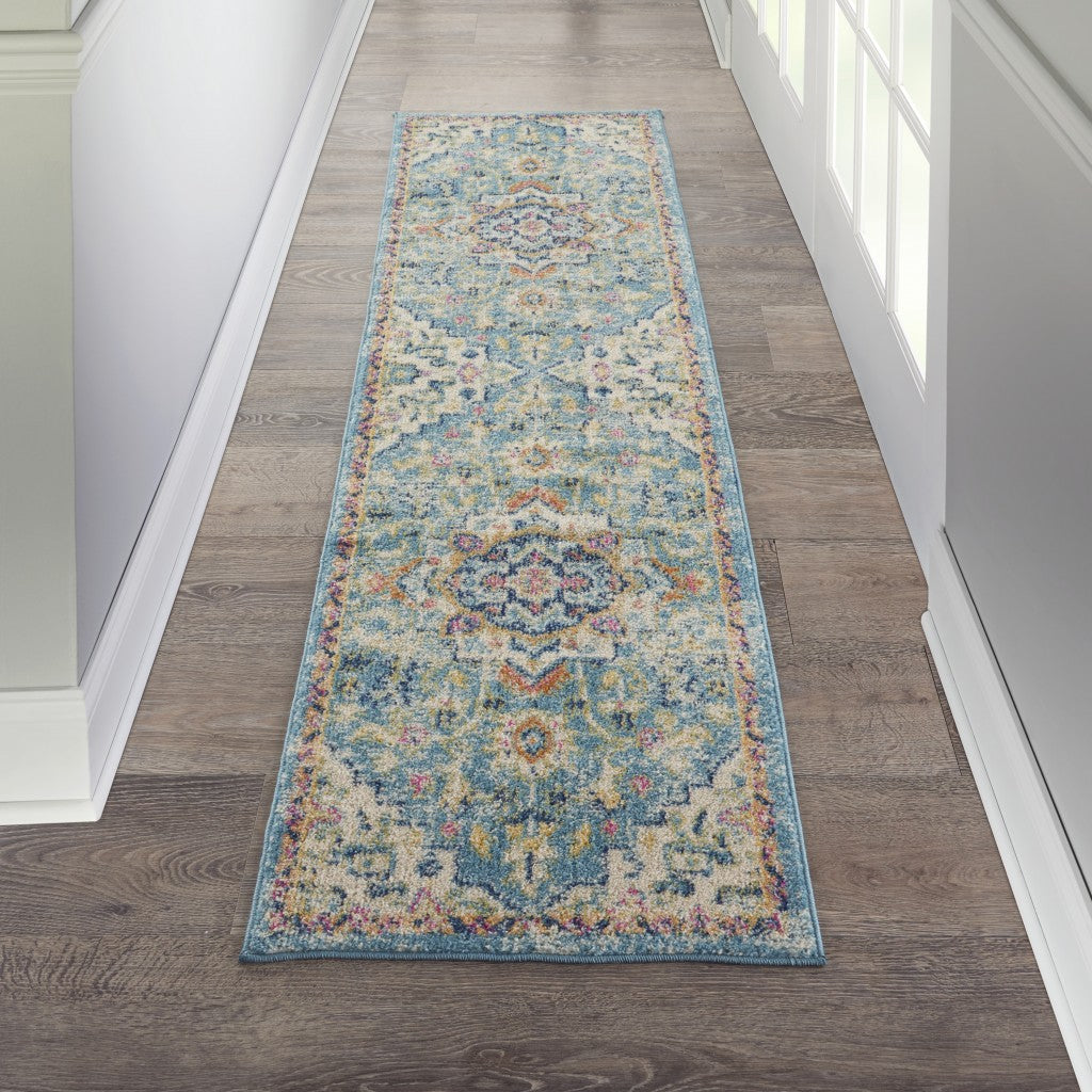 6' Blue And Ivory Dhurrie Runner Rug