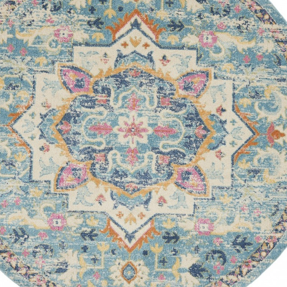 8' Blue And Ivory Round Dhurrie Area Rug