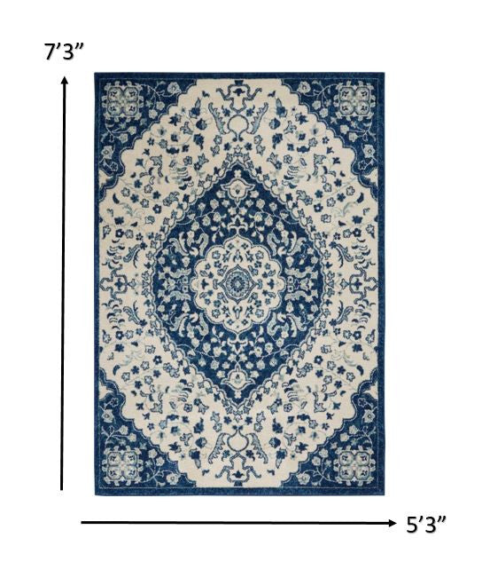 4' X 6' Blue And Ivory Power Loom Area Rug