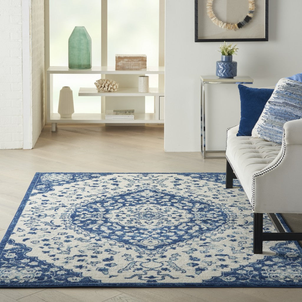 4' X 6' Blue And Ivory Power Loom Area Rug