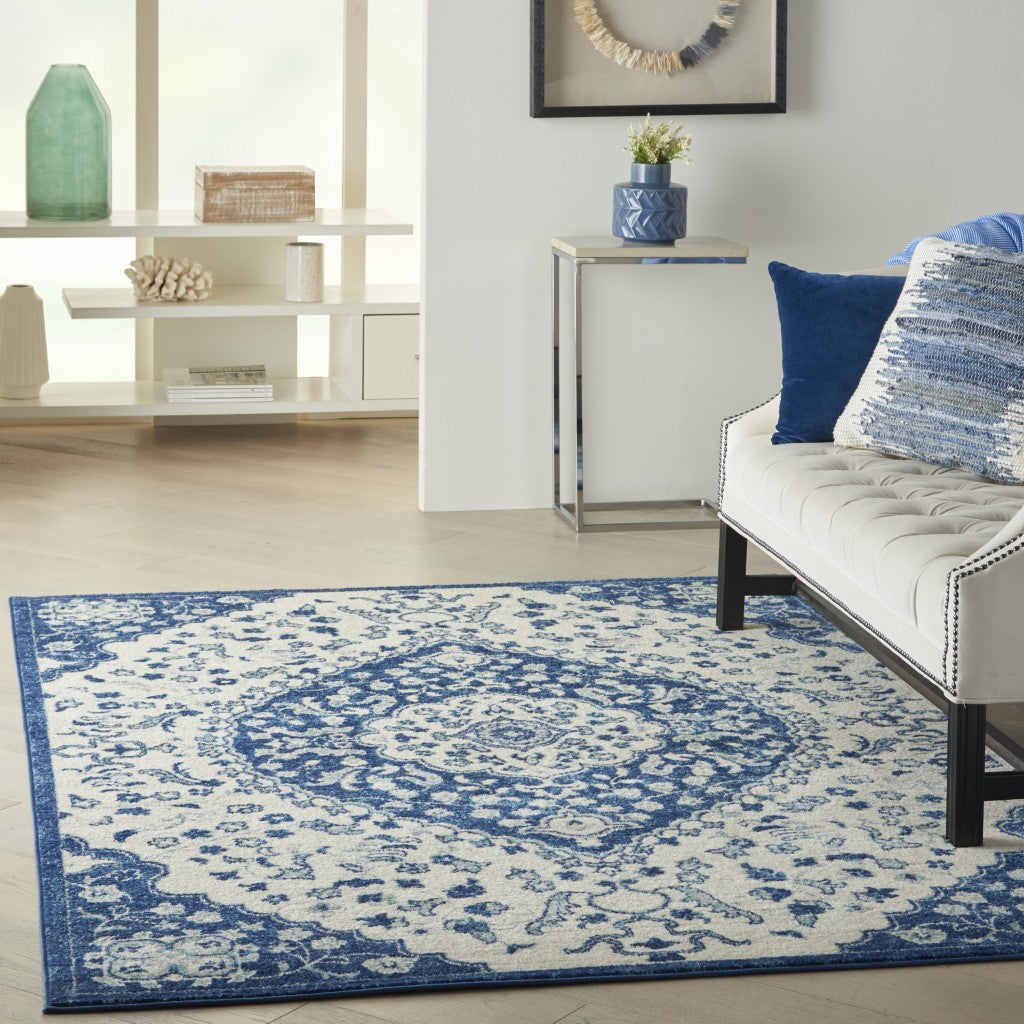 4' X 6' Blue And Ivory Power Loom Area Rug