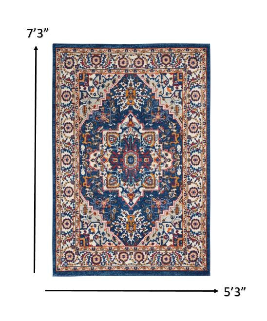 4' X 6' Blue And Ivory Power Loom Area Rug