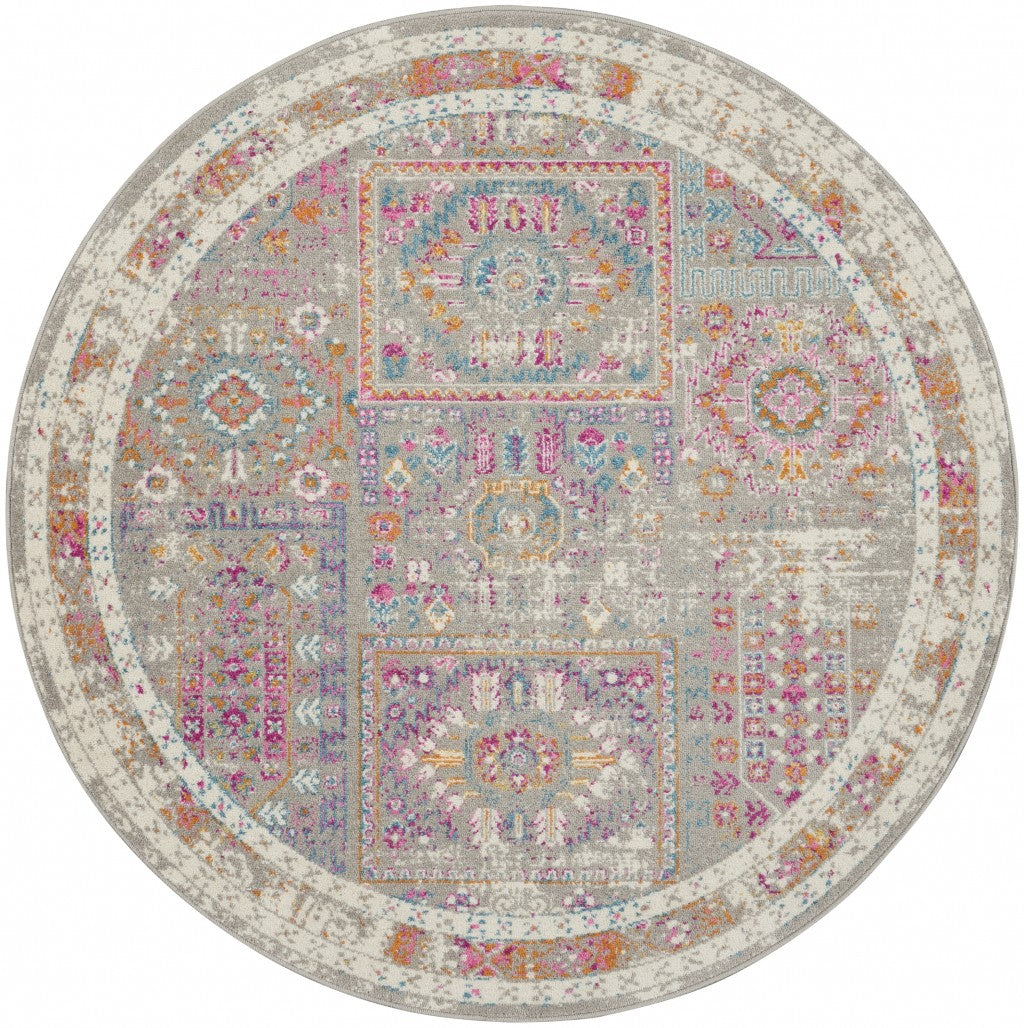 5' Pink And Gray Round Abstract Dhurrie Area Rug