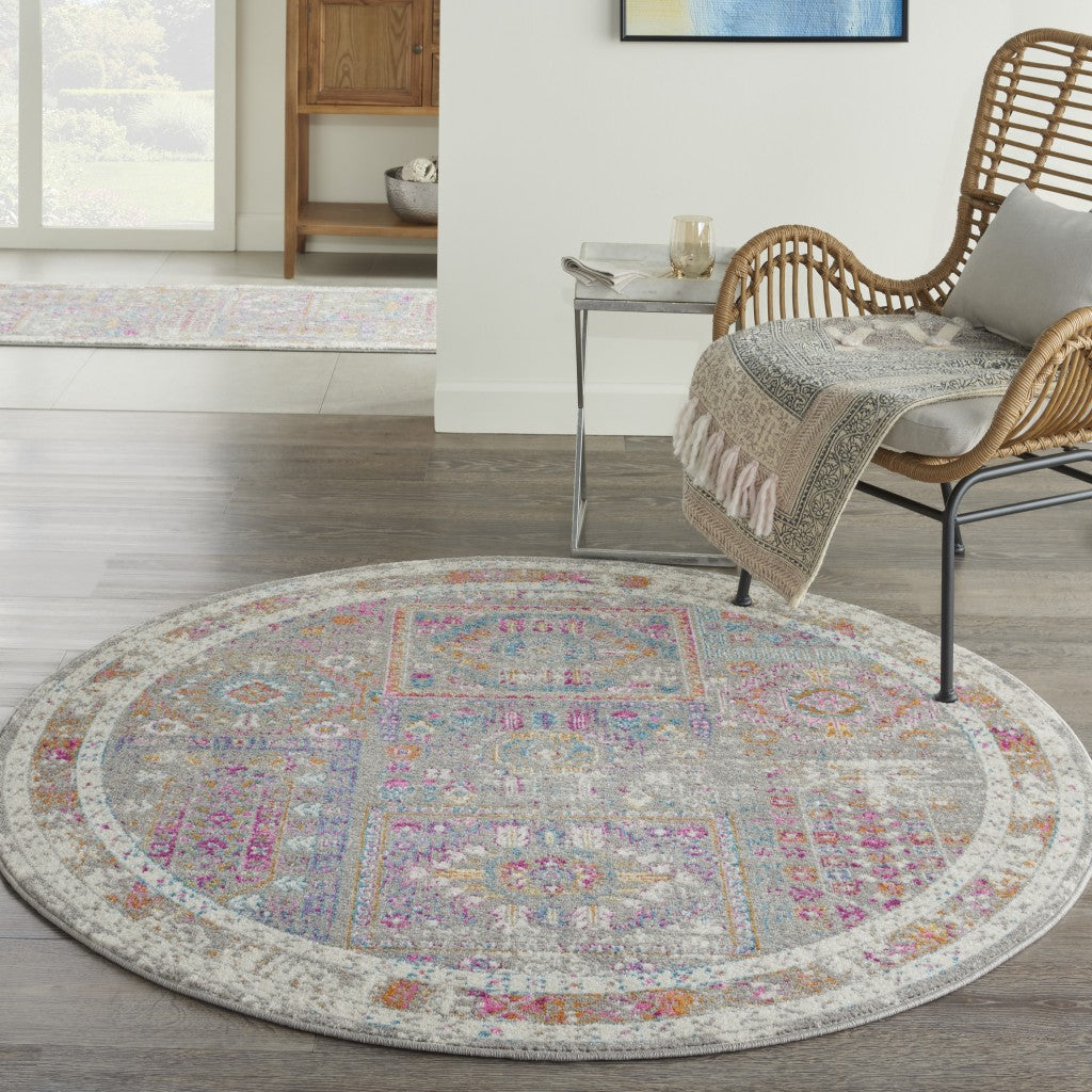 5' Pink And Gray Round Abstract Dhurrie Area Rug