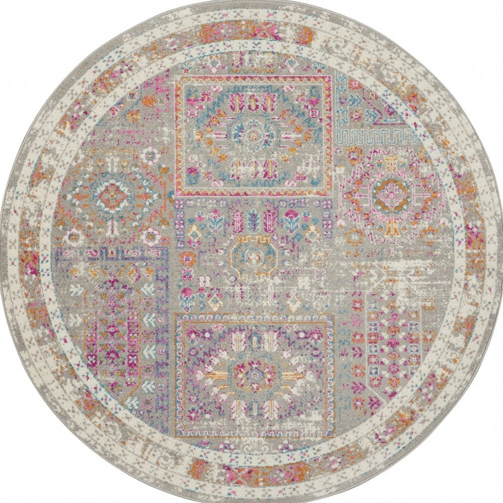 5' Pink And Gray Round Abstract Dhurrie Area Rug