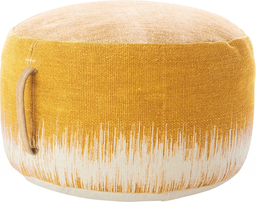 20" Yellow and White Cotton Round Abstract Pouf Ottoman