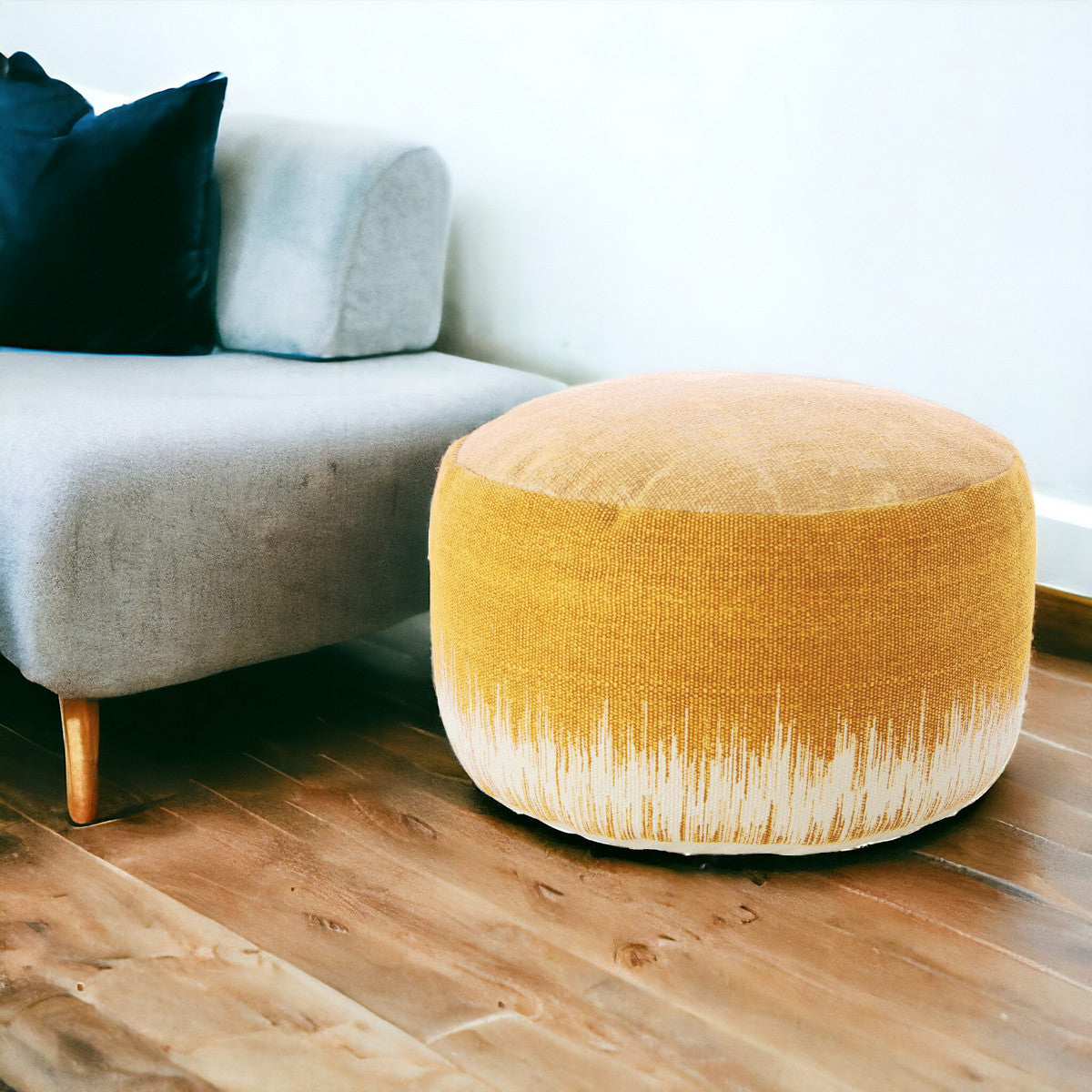 20" Yellow and White Cotton Round Abstract Pouf Ottoman