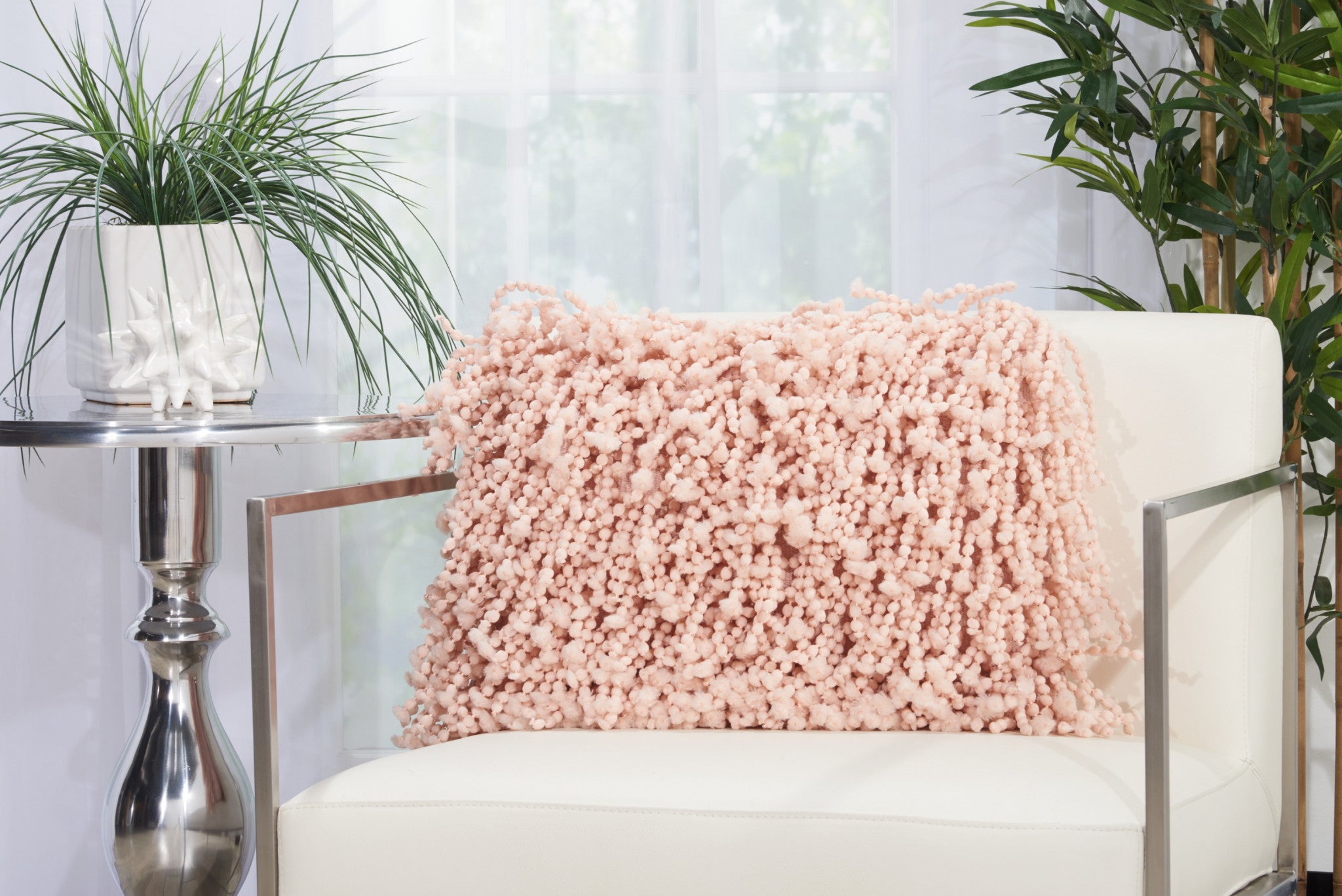 Pale Pink Shaggy Beads Lumbar Throw Pillow