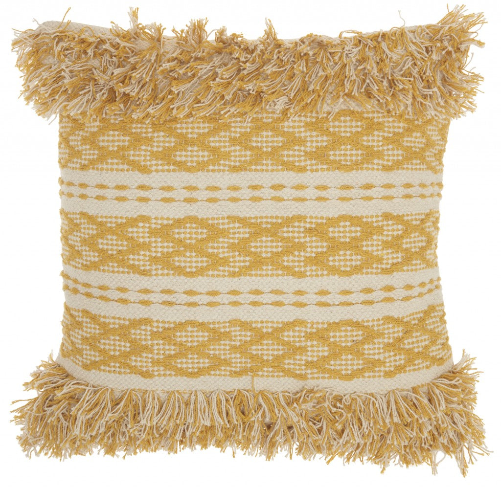 20" Yellow and Ivory Geometric Cotton Throw Pillow With Fringe