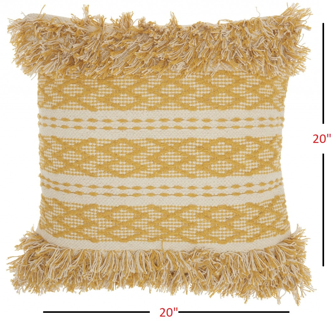 20" Yellow and Ivory Geometric Cotton Throw Pillow With Fringe