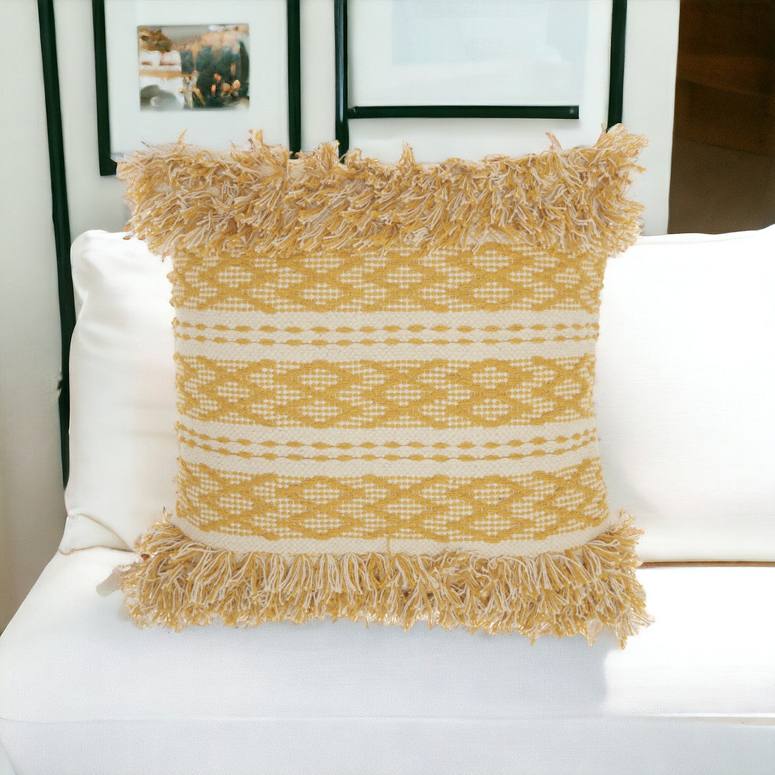 20" Yellow and Ivory Geometric Cotton Throw Pillow With Fringe