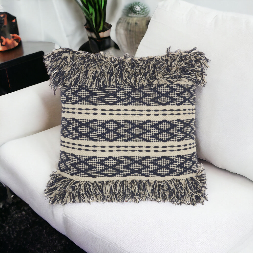 20" Blue and Ivory Geometric Cotton Throw Pillow With Fringe