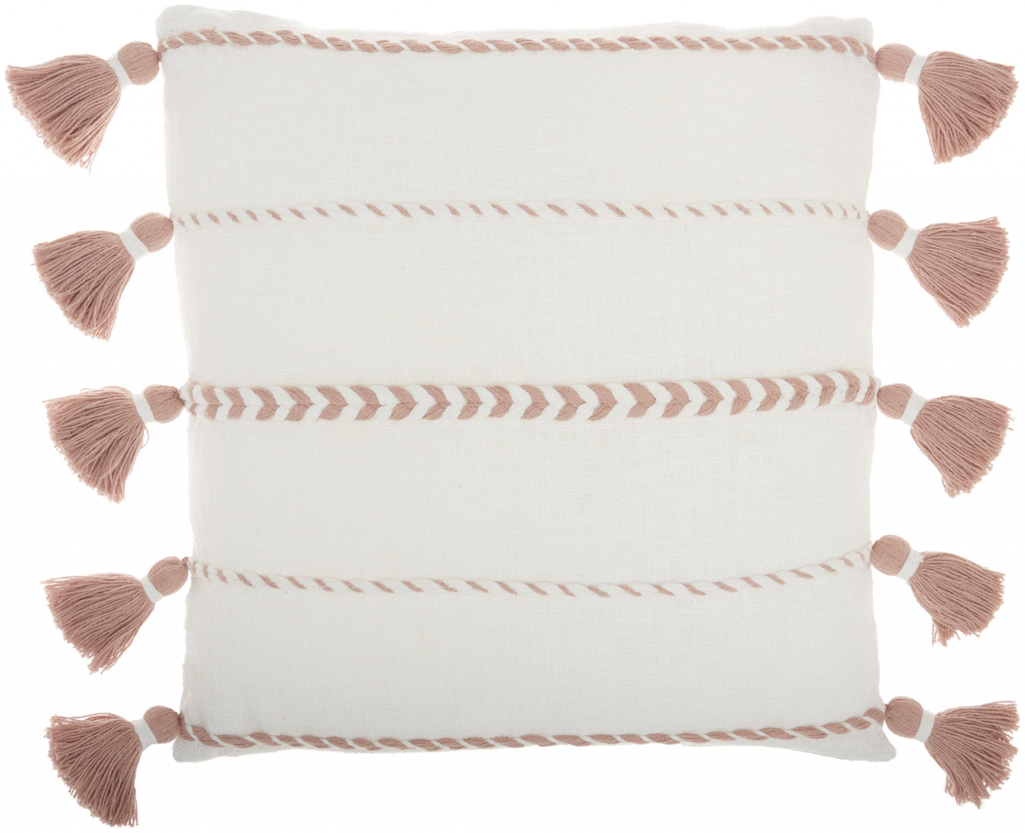 Bohemian White Cotton Accent Pillow With Blush Tassel Details