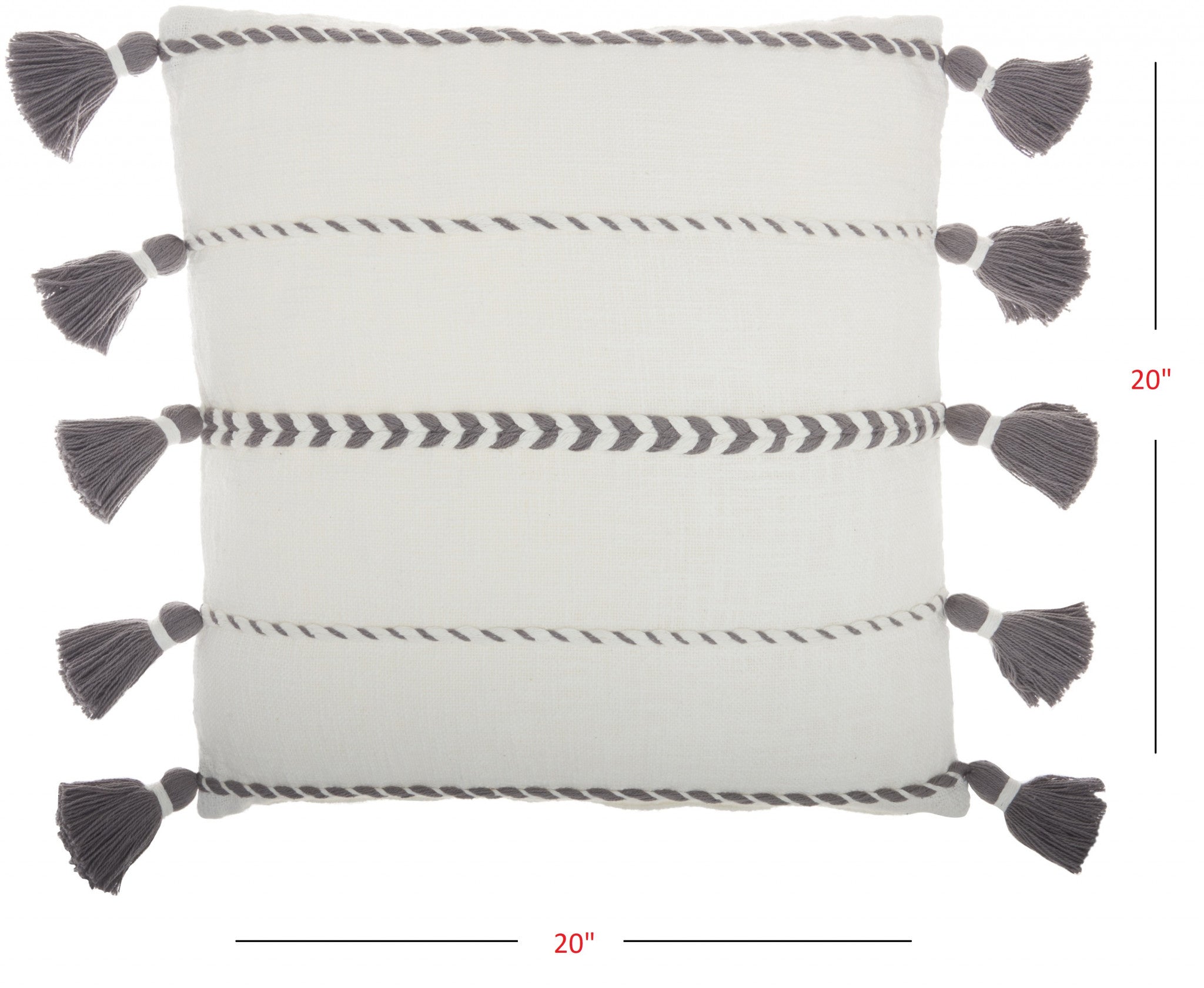 Bohemian White Cotton Accent Pillow With Grey Tassel Details