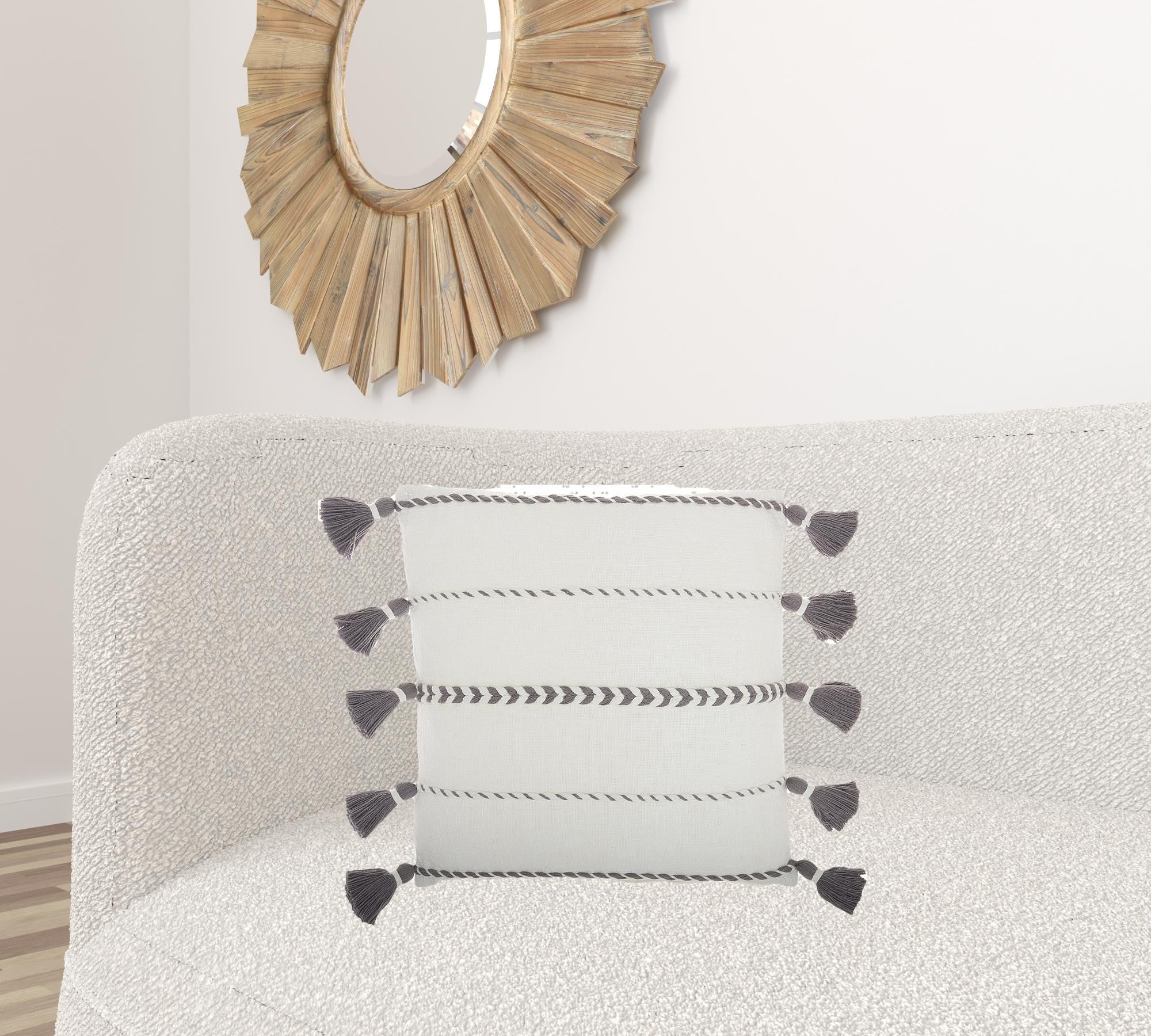 Bohemian White Cotton Accent Pillow With Grey Tassel Details