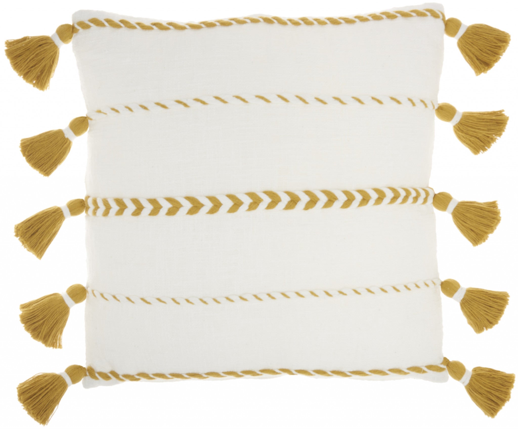 Bohemian White Cotton Accent Pillow With Mustard Tassel Details