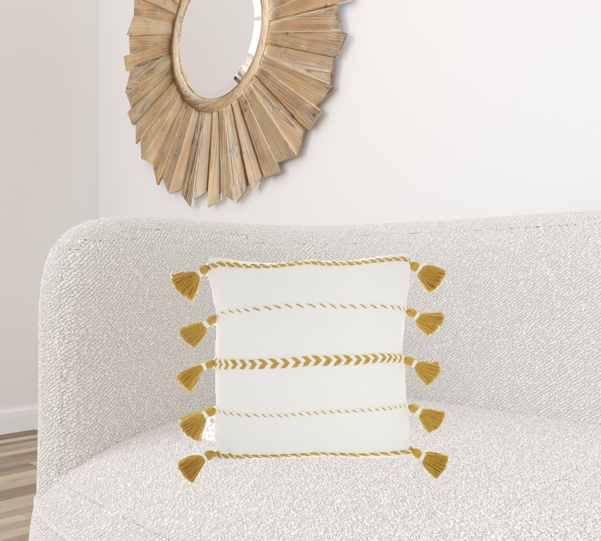 Bohemian White Cotton Accent Pillow With Mustard Tassel Details