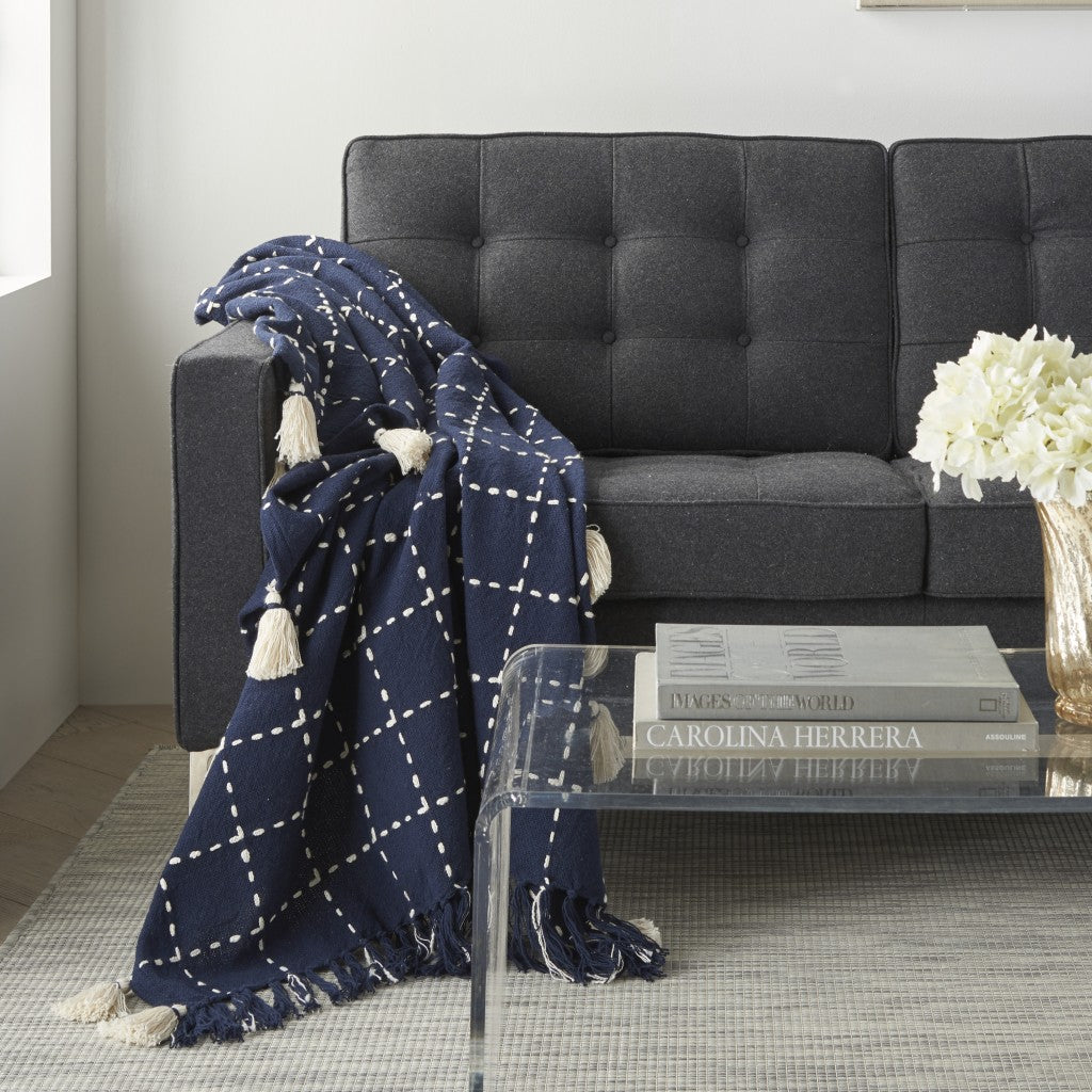 Navy And White Stitched Square Pattern Cotton Throw Blanket