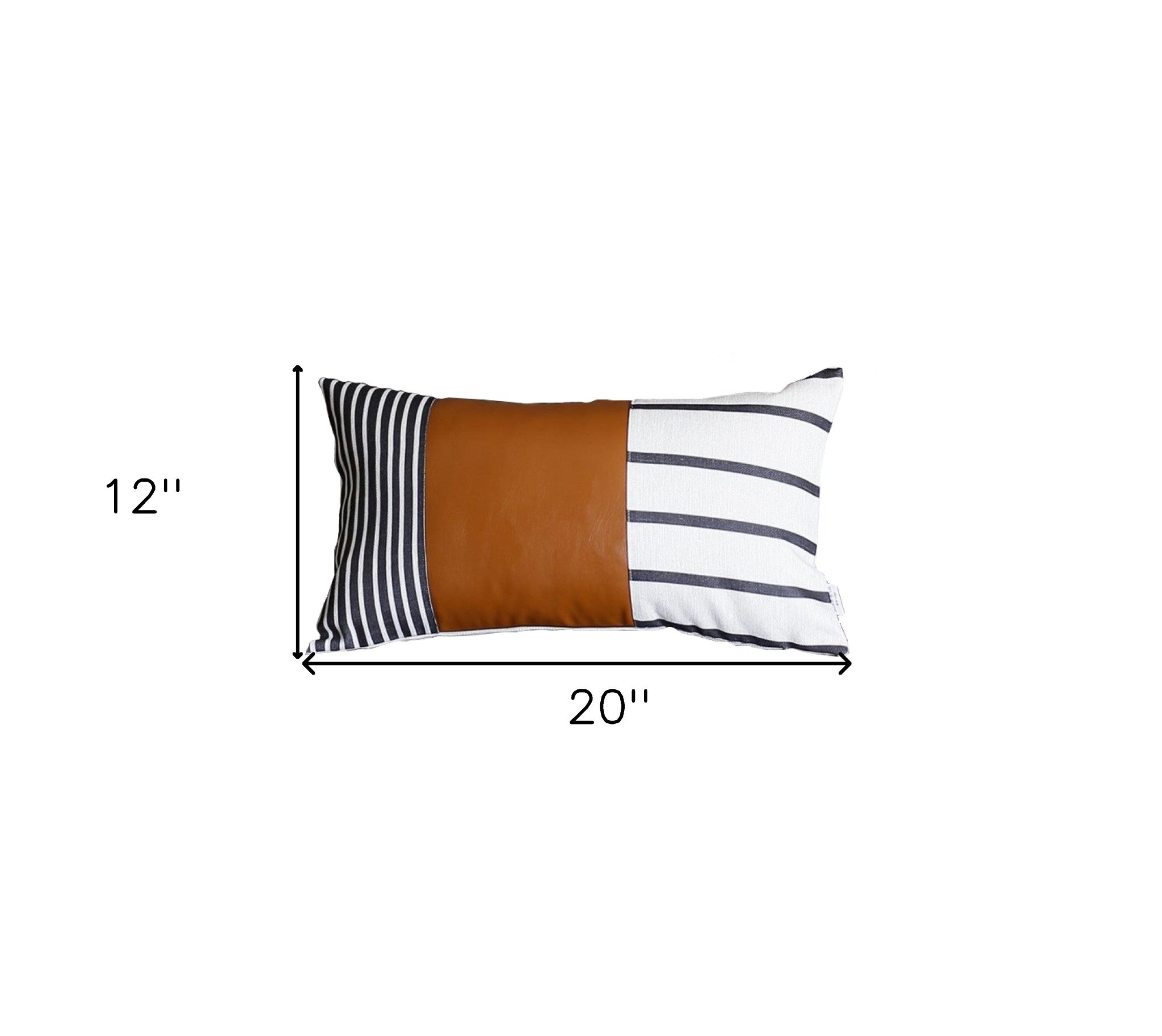 Geometric Brown Faux Leather And Stripes Lumbar Pillow Cover