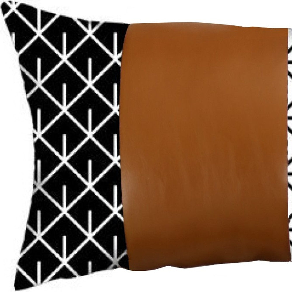Reverse Black And White And Brown Faux Leather Lumbar Pillow Cover