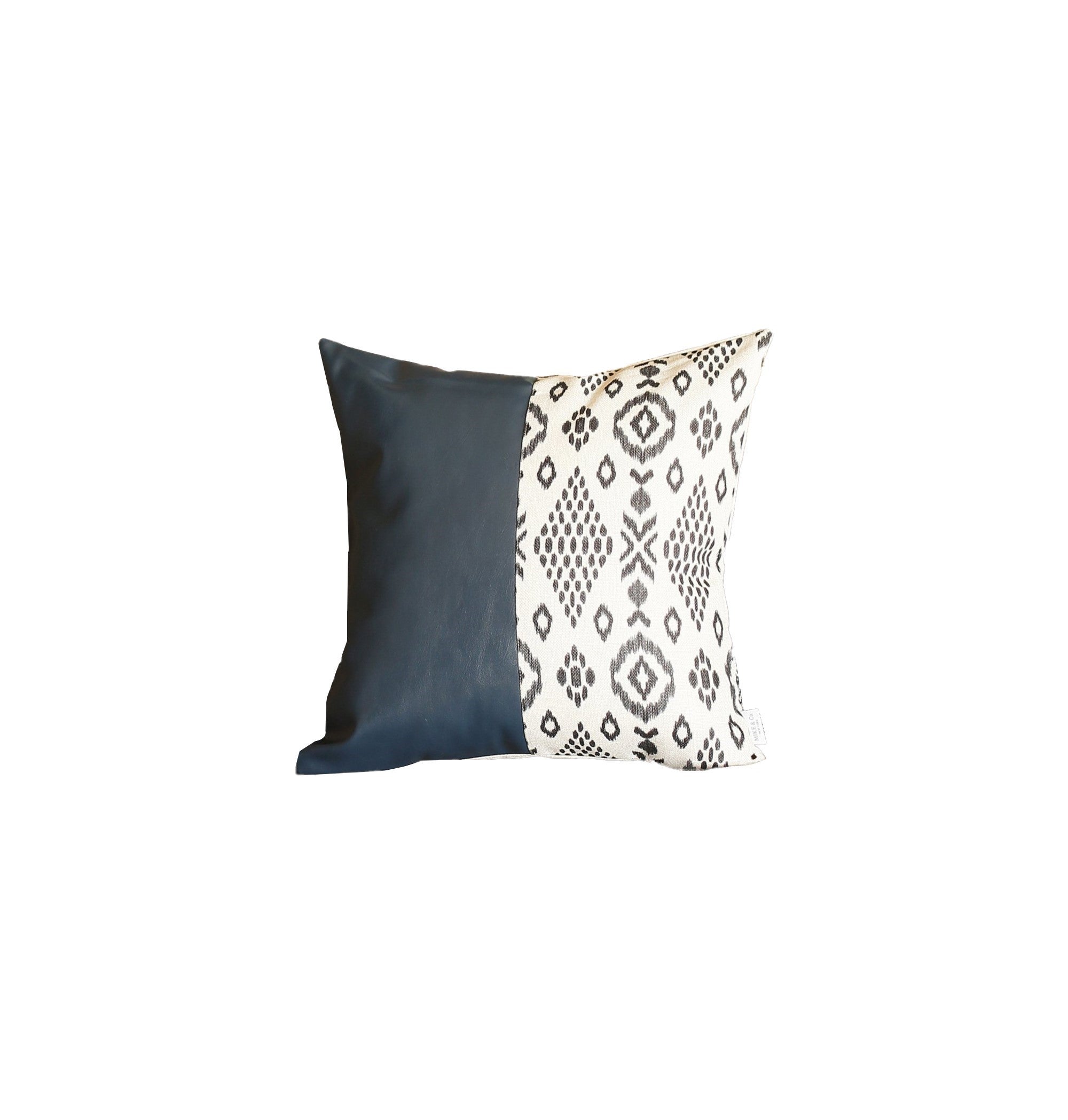 Bisected Eclectic Patterns And Spruce Blue Faux Leather Lumbar Pillow Cover