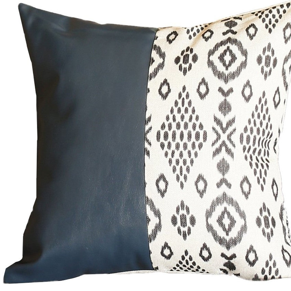 Bisected Eclectic Patterns And Spruce Blue Faux Leather Lumbar Pillow Cover