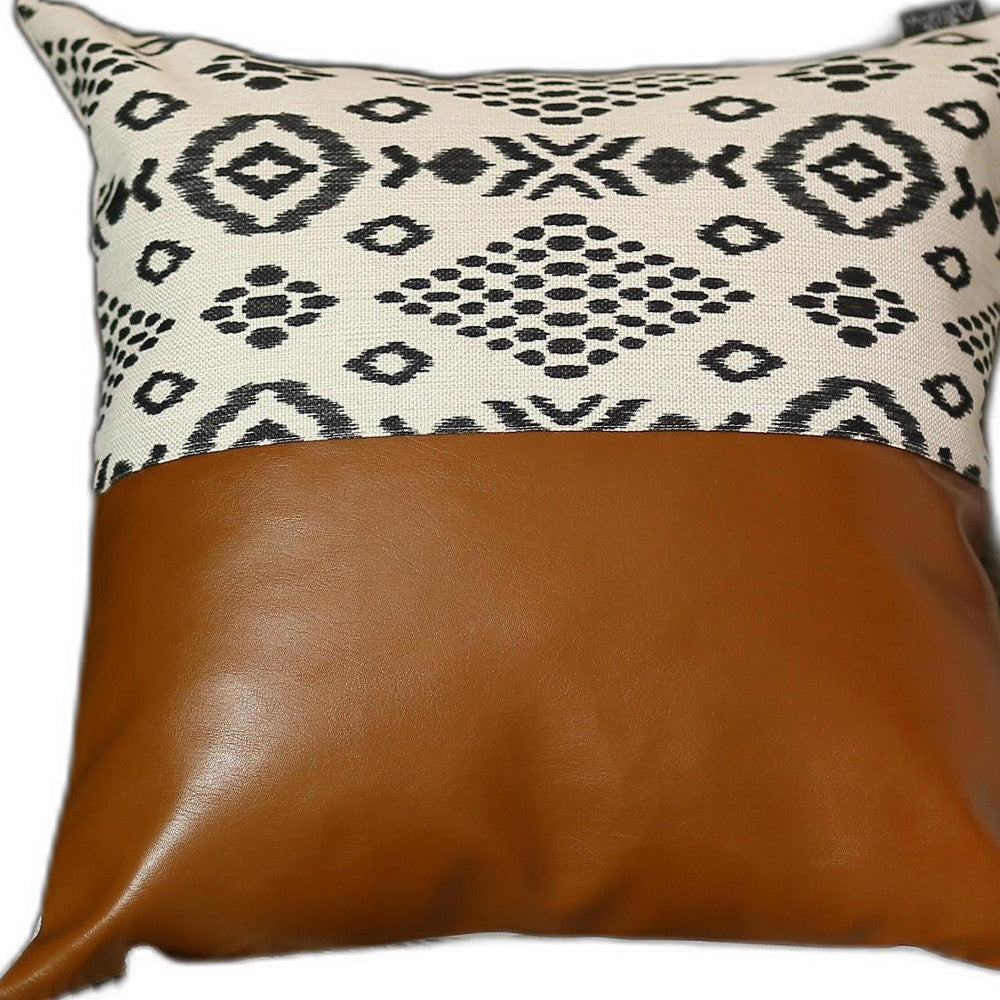 17" X 17" Brown and White Faux Leather Pillow Cover