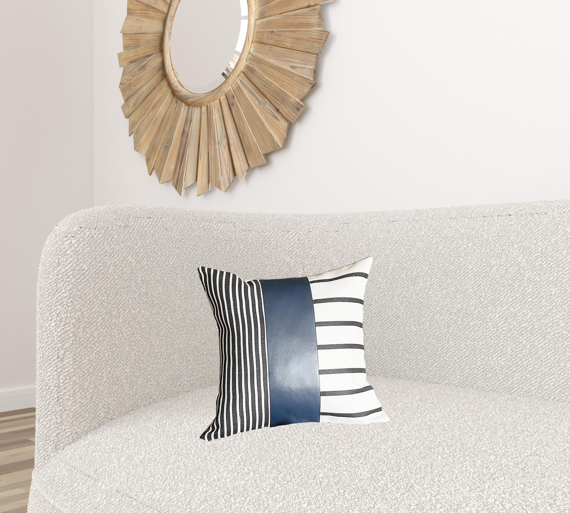 Traditional Navy Blue Faux Leather And Monochromatic Stripes Lumbar Pillow Cover