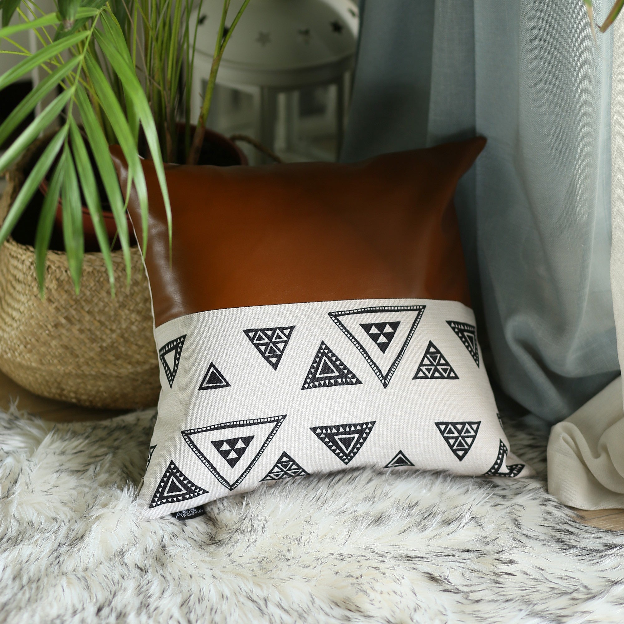 Playful Triangle And Brown Faux Leather Pillow Cover