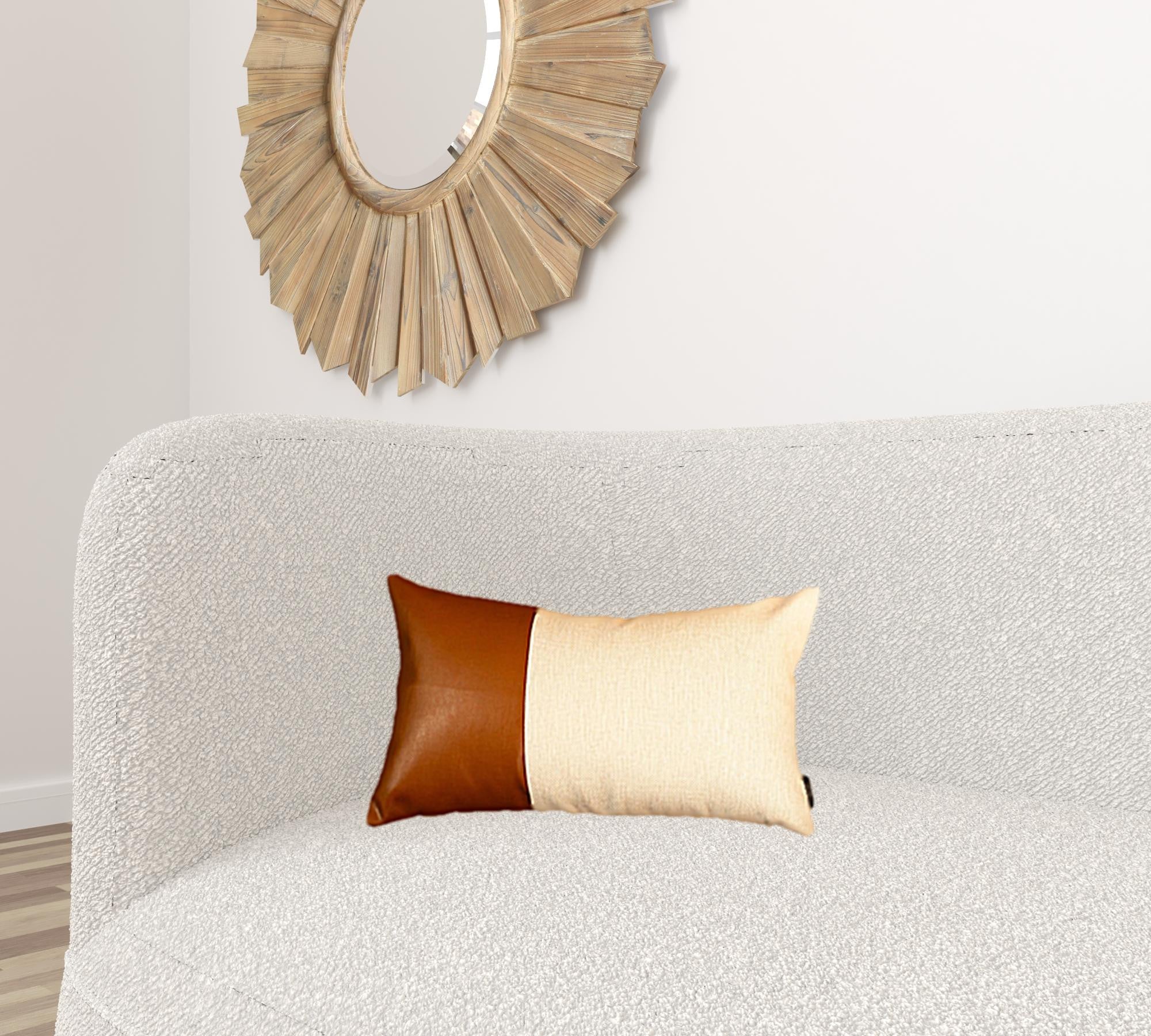 White And Brown Faux Leather Lumbar Decorative Pillow Cover