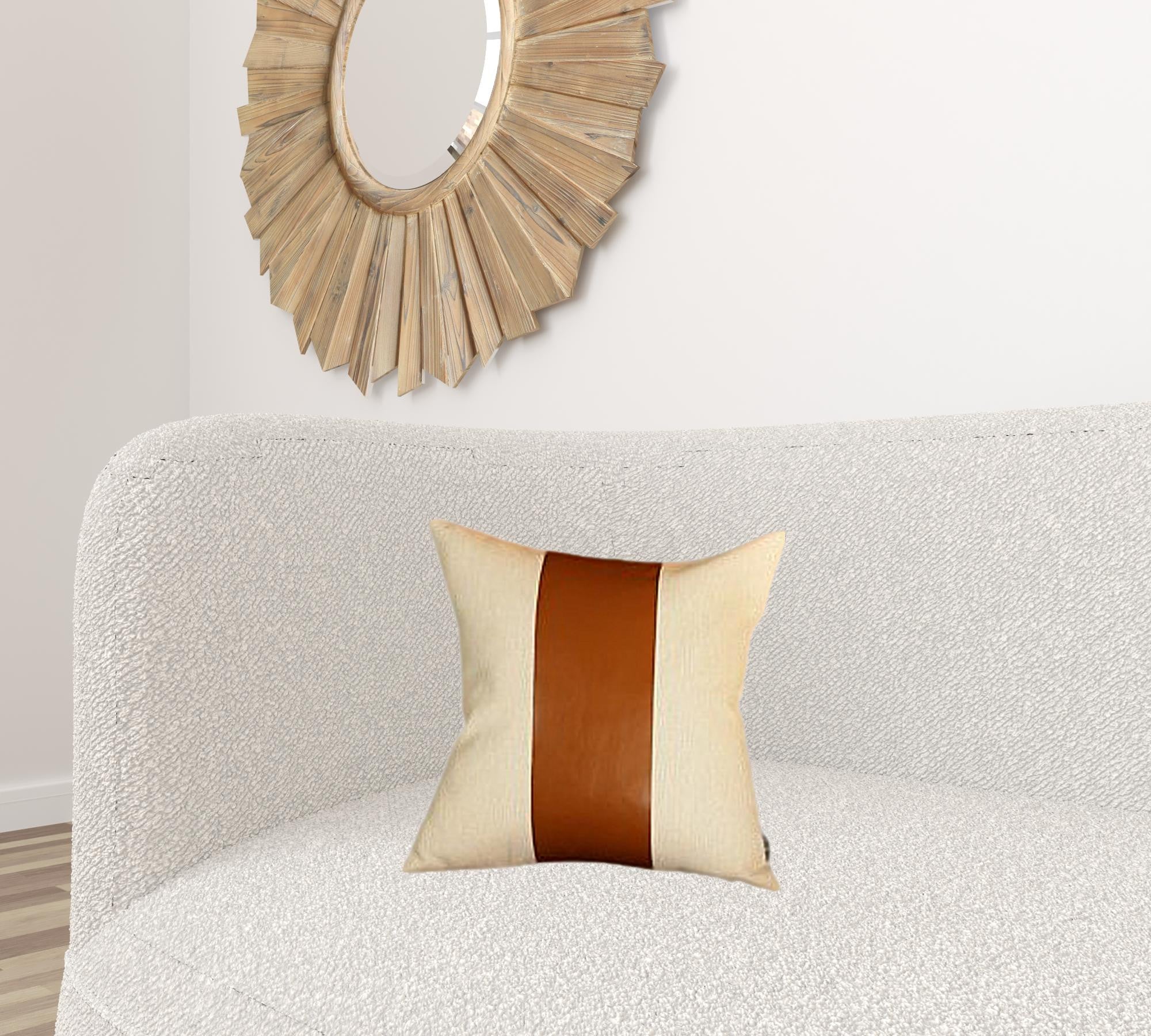 White And Brown Faux Leather Square Pillow Cover