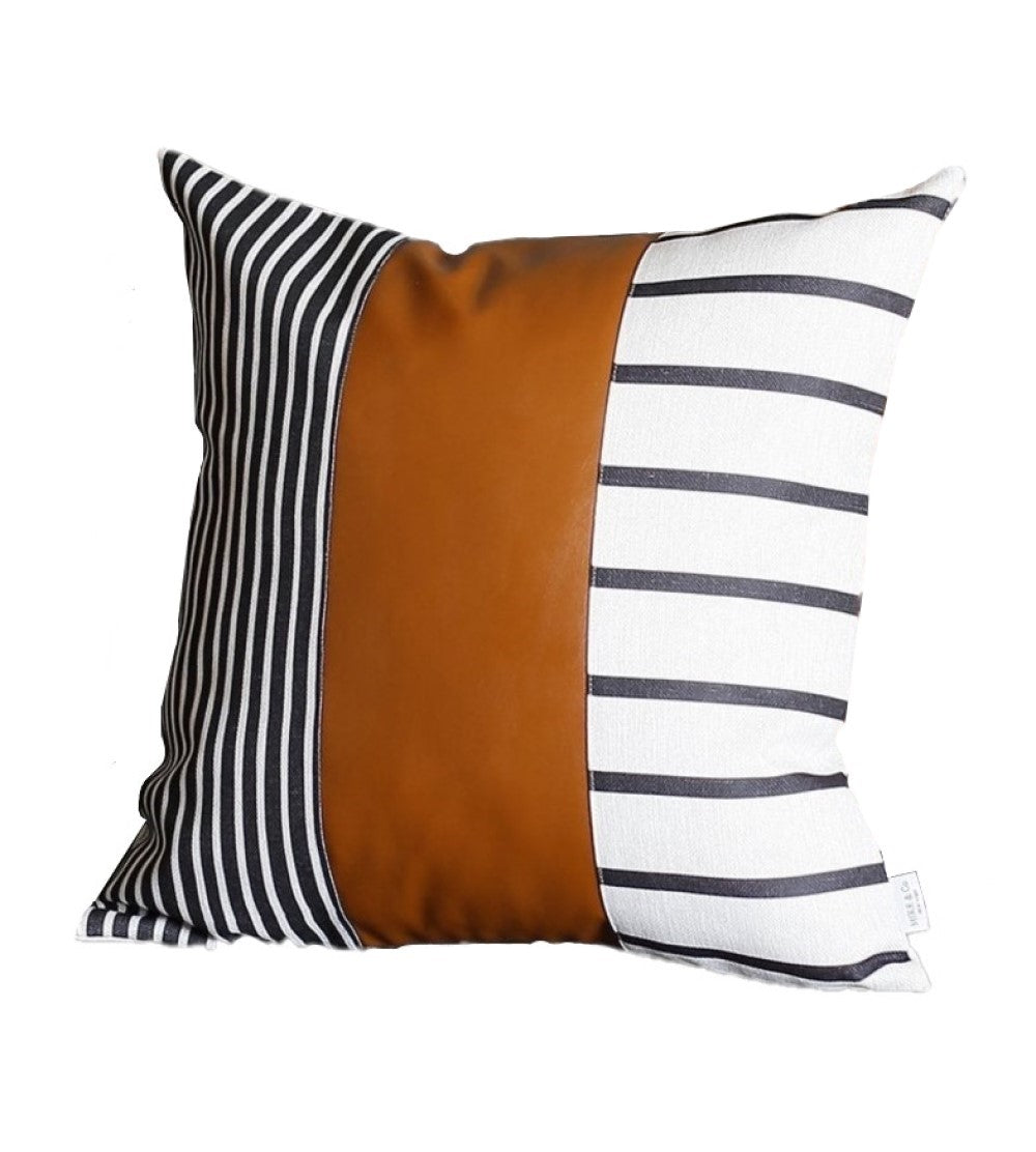 20" X 20" Black And White Stripes And Faux Leather  Pillow Cover