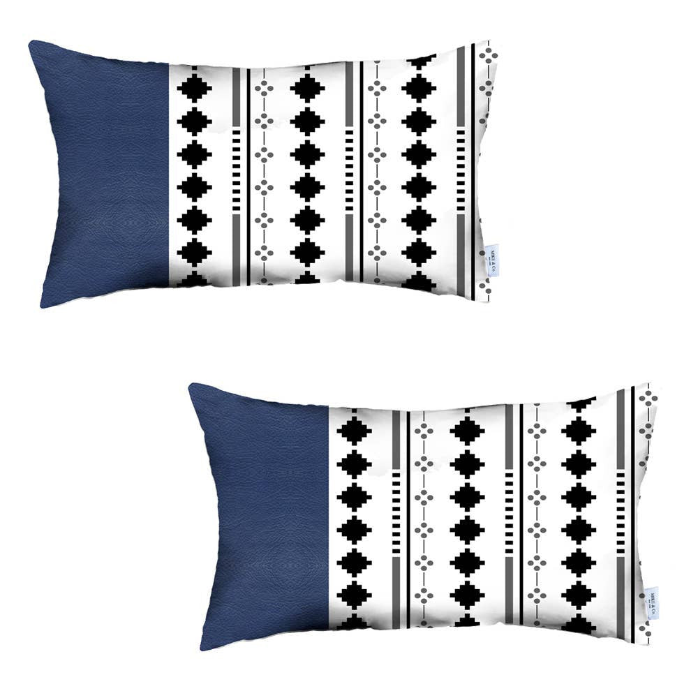 Set Of 2 Diamond Patterns And Navy Blue Faux Leather Lumbar Pillow Covers