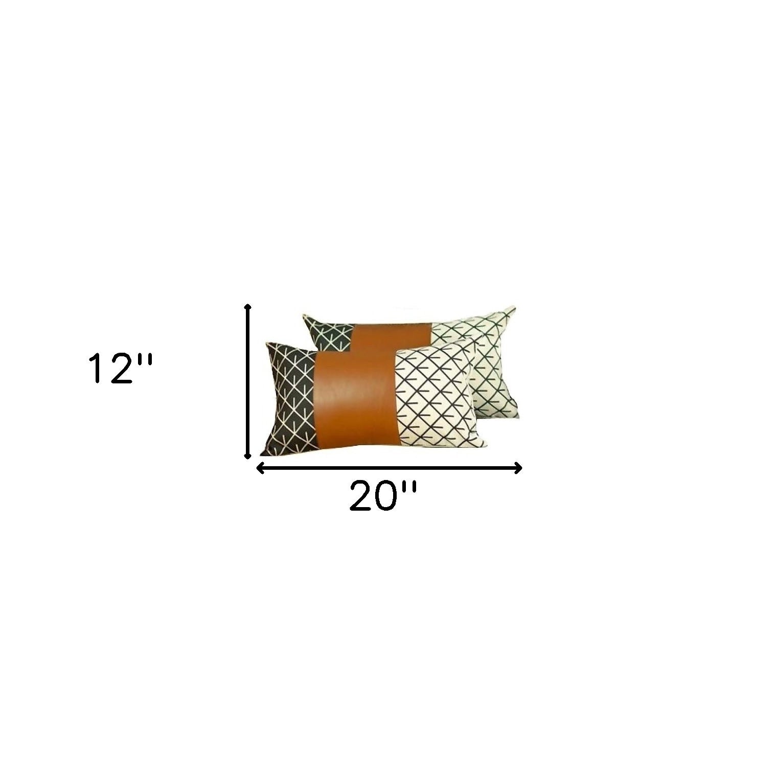 Set Of 2 Geometric Lattice Pattern And Warm Brown Faux Leather Pillow Covers