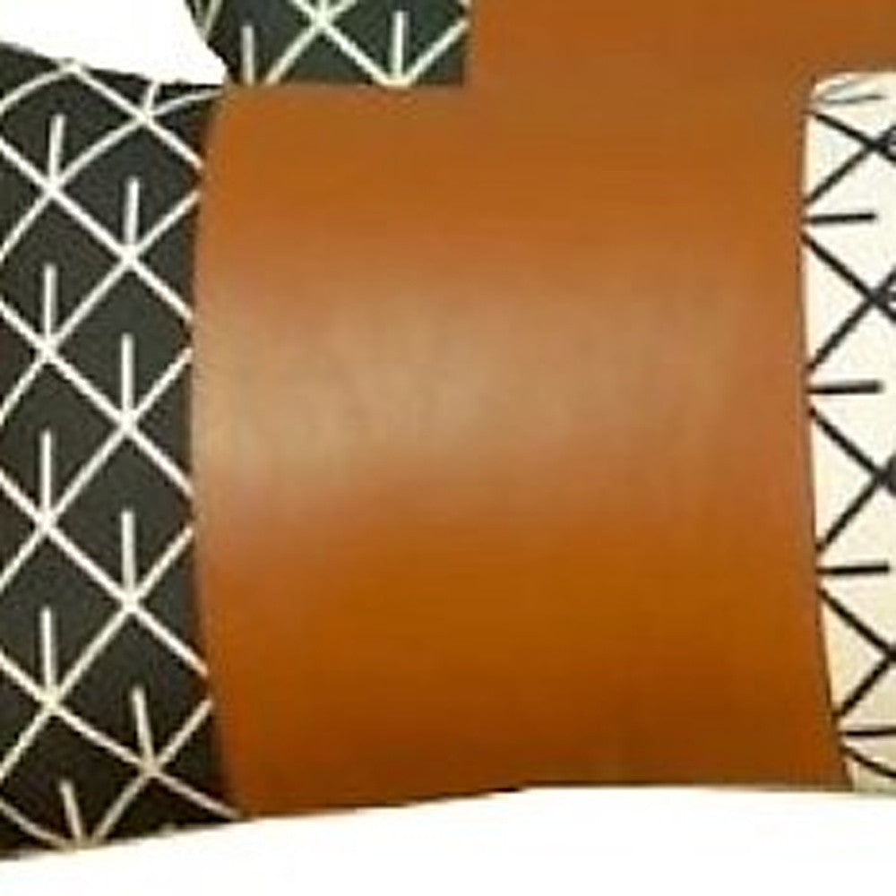 Set Of 2 Geometric Lattice Pattern And Warm Brown Faux Leather Pillow Covers