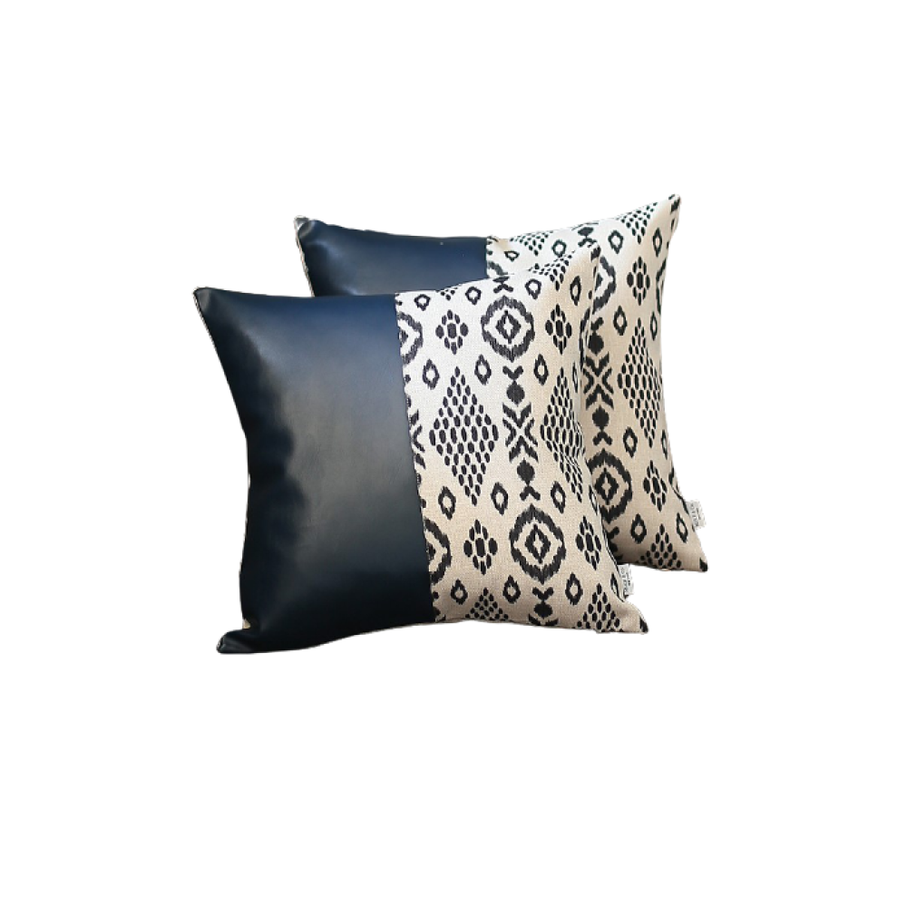 Set of Two Prussian Blue Ikat Faux Leather Zippered Pillow Cover