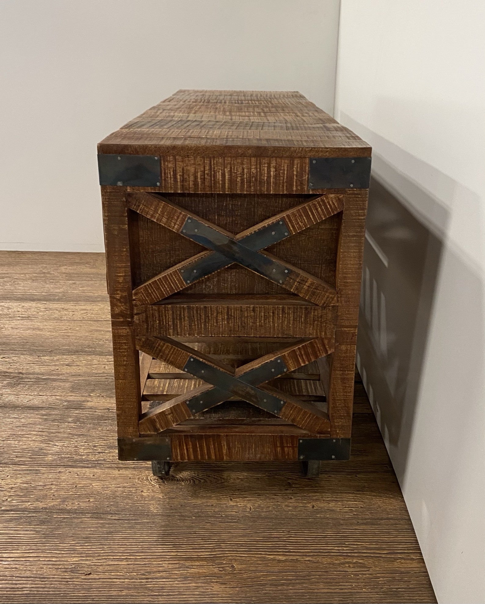 18" Brown and Black Solid Wood CoatPaint Distressing Wheel Console Table With Shelves And Drawers