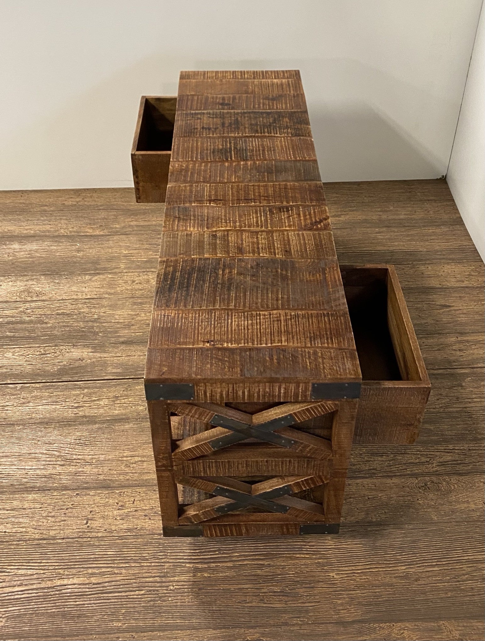 18" Brown and Black Solid Wood CoatPaint Distressing Wheel Console Table With Shelves And Drawers